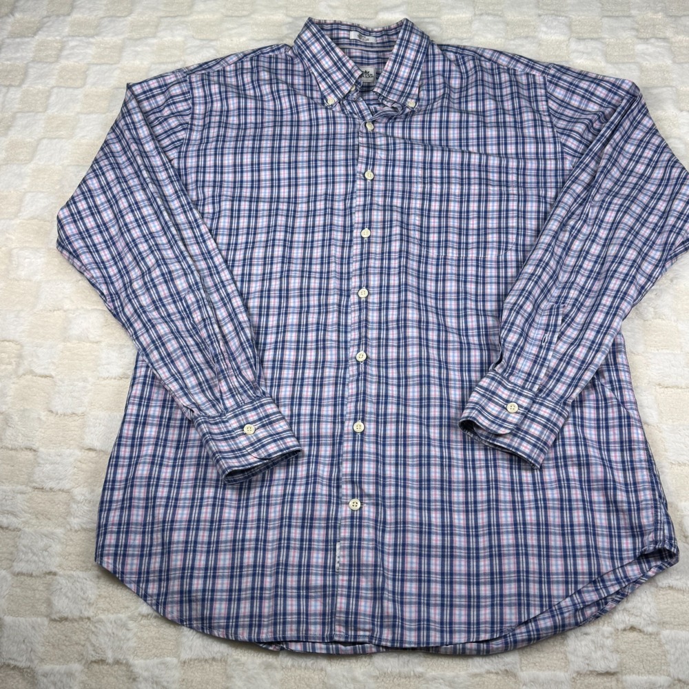Peter Millar 100% Cotton Button Down Blue and Pink Plaid Men's Shirt Large